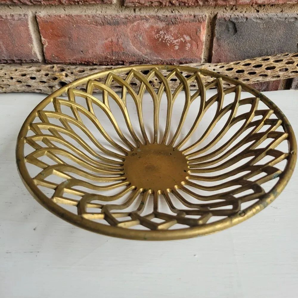 RARE Mid Century Solid Brass Openwork Lotus Bowl Tray